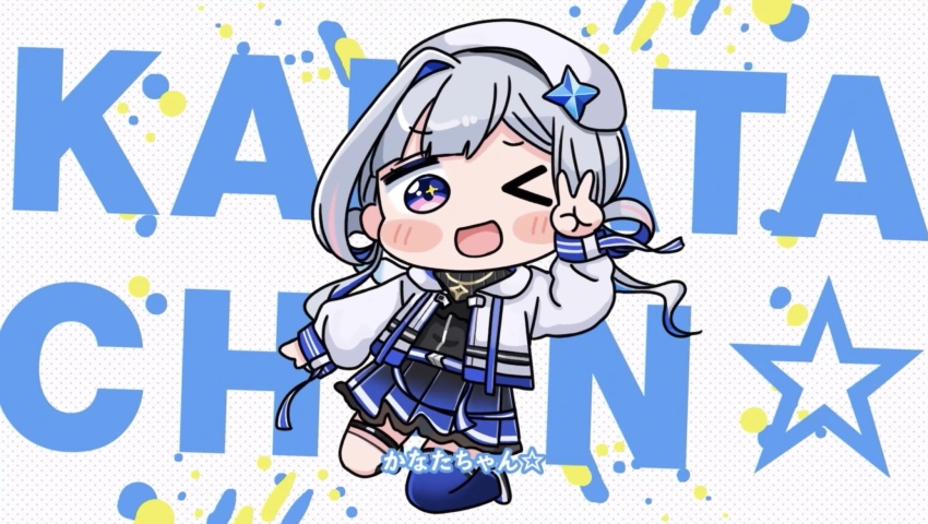 &gt;_o 1girl ;d amane_kanata amane_kanata_(work) asymmetrical_legwear beret black_dress black_sweater blue_dress blue_hair blue_thighhighs blush_stickers character_name chibi commentary_request dress full_body grey_hair hand_up hat highres hololive hood hood_down hooded_jacket jacket long_hair long_sleeves looking_at_viewer low_twintails mismatched_legwear mochimiko multicolored_hair official_art one_eye_closed open_clothes open_jacket open_mouth pleated_dress puffy_long_sleeves puffy_sleeves ribbed_sweater shoes single_hair_intake smile solo sweater text_background thighhighs translation_request twintails two-tone_hair v very_long_hair virtual_youtuber white_hat white_jacket white_shoes white_thighhighs