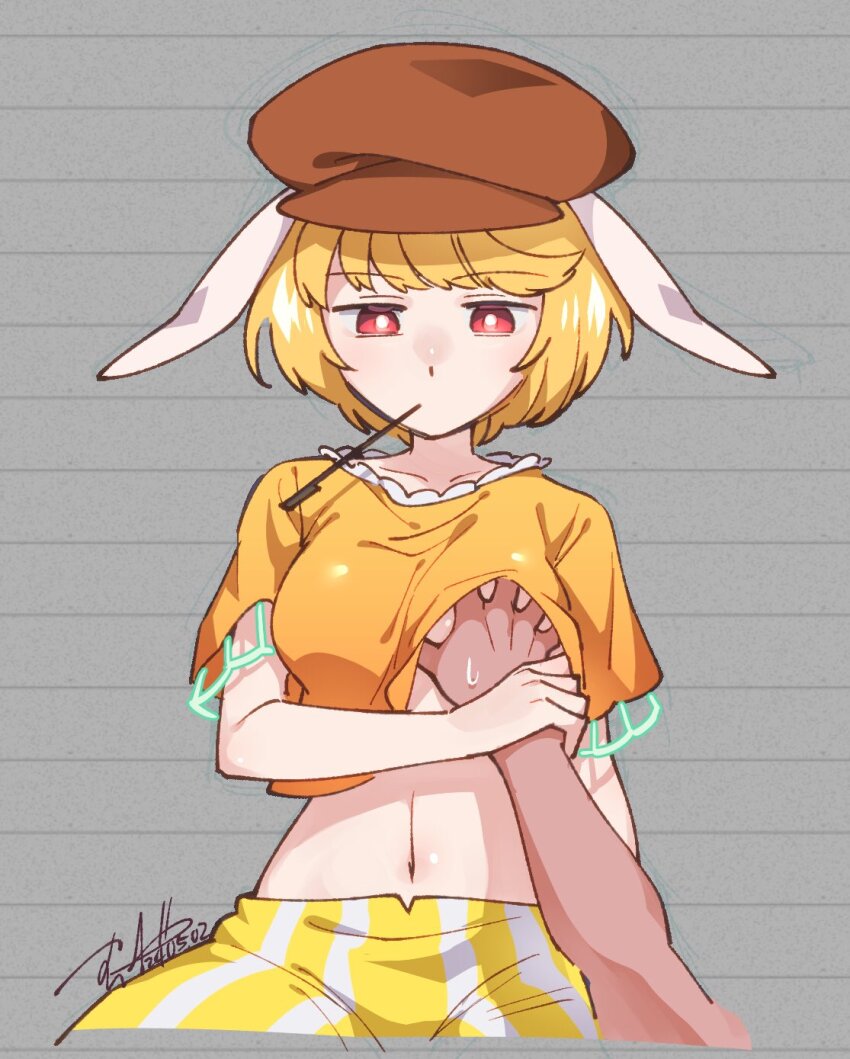 1girl animal_ears breasts brown_hat newsboy_cap expressionless flat_cap floppy_ears grabbing_another&#039;s_breast groping guided_breast_grab guiding_hand hat highres holding midriff mouth_hold navel orange_shirt pov pov_hands rabbit_ears rabbit_girl red_eyes ringo_(touhou) shikido_(khf) shirt short_hair short_sleeves shorts signature simple_background sitting striped_clothes striped_shorts sweat sweatdrop touhou yellow_shorts