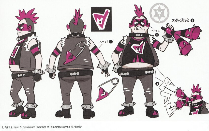 1boy absurdres alternate_language artbook black_boots boots collar concept_art facepaint grey_hair grey_pants hand_on_own_hip hand_up highres holding looking_at_viewer male_focus mixed-language_text mohawk multicolored_hair multiple_views navel nintendo official_art pants pink_hair pokemon pokemon_swsh scan team_yell team_yell_grunt teeth third-party_source two-tone_hair