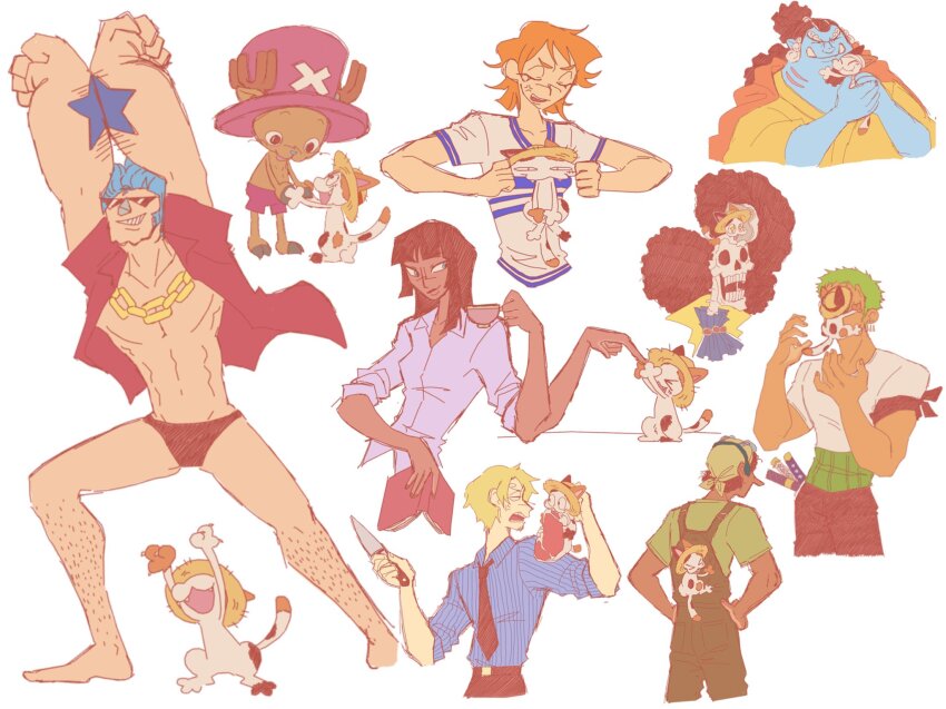 2girls 6+boys afro antlers arms_up ascot bandana blonde_hair blue_ascot blue_hair blue_shirt blue_skin brook_(one_piece) cat collared_shirt colored_skin commentary cross cup english_commentary extra_arms franky_(one_piece) full_body green_hair green_shirt hana_hana_no_mi haramaki hat highres holding holding_cup holding_knife horns japanese_clothes jinbe_(one_piece) kimono knife leg_hair meatkuuu medium_hair monkey_d._luffy multiple_boys multiple_girls nami_(one_piece) nami_(one_piece)_(east_blue) nico_robin nico_robin_(alabasta) one_piece orange_hair overalls panties pompadour reindeer_antlers roronoa_zoro sanji_(one_piece) shirt short_hair simple_background skeleton smile straw_hat straw_hat_pirates striped_clothes striped_shirt sunglasses t-shirt tony_tony_chopper two-tone_shirt underwear usopp v-neck white_background white_shirt