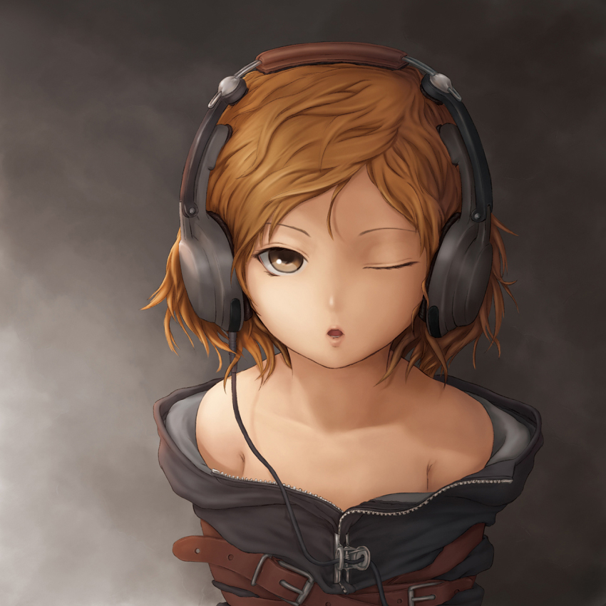 1girl bare_shoulders blonde_hair bound female_focus headphones highres lips non-web_source one_eye_closed open_mouth original short_hair solo ss39 tied_up_(nonsexual) wink yellow_eyes