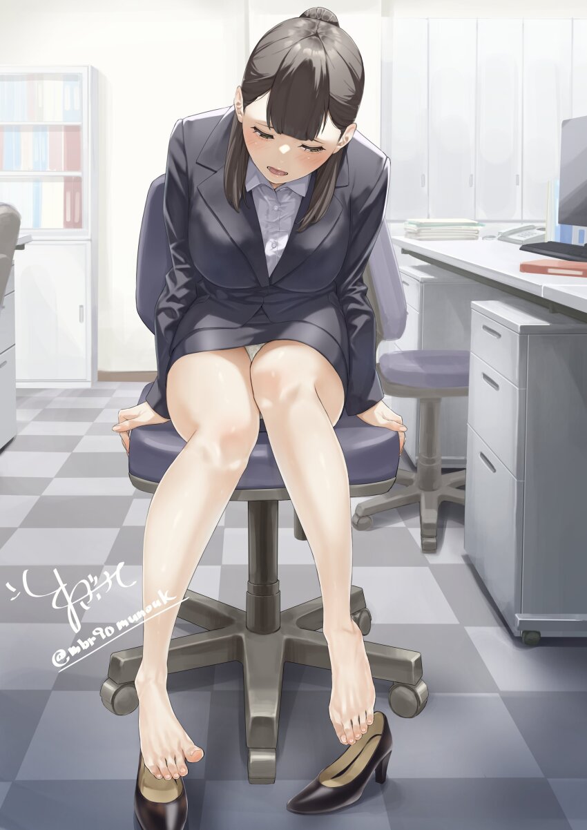 1girl absurdres bare_legs barefoot black_jacket black_shoes black_skirt blush breasts brown_eyes brown_hair chair checkered_floor collared_shirt commentary_request feet hair_between_eyes hair_bun high_heels highres indoors jacket large_breasts leaning_forward legs looking_down maburoku medium_hair no_shoes office office_chair office_lady on_chair open_mouth original panties pantyhose pantyshot pumps shirt shoes signature single_hair_bun sitting skirt solo swivel_chair thighs toenails toes twitter_username underwear unworn_shoes white_panties white_shirt