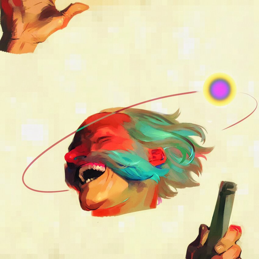 1boy bottle closed_eyes commentary disco_elysium disembodied_hand english_commentary facial_hair floating_hair grey_hair harry_du_bois highres holding holding_bottle male_focus mature_male nandesu03 open_mouth outstretched_hand surreal teeth yellow_background
