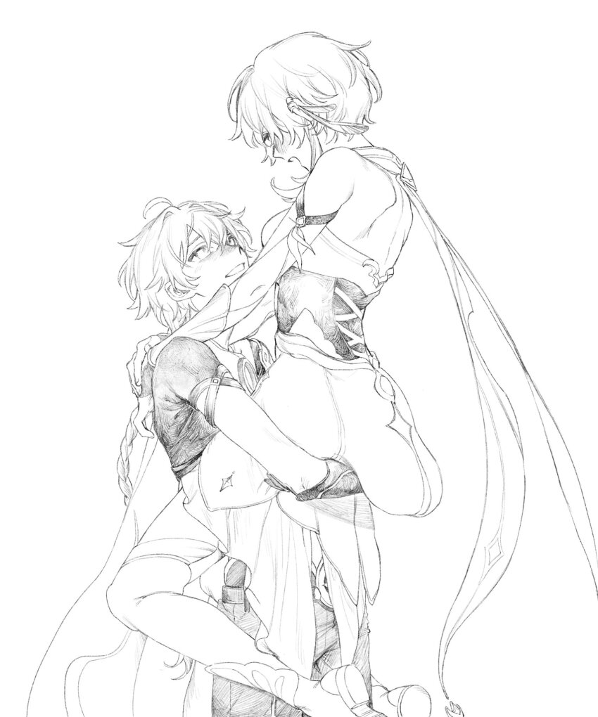 1boy 1girl aether_(genshin_impact) ahoge arm_armor armor bare_back bare_shoulders belt blush boots braid breasts brother_and_sister cape carrying carrying_person commentary_request corset detached_sleeves dress earrings feather_earrings feathers fingerless_gloves fingernails genshin_impact gloves greyscale hair_between_eyes highres jewelry kaimochi0839 long_hair long_sleeves looking_at_another looking_down looking_up lumine_(genshin_impact) medium_breasts monochrome open_mouth pants scarf shirt short_hair short_sleeves shoulder_armor siblings sidelocks simple_background single_earring standing star_(symbol) teeth thigh_boots