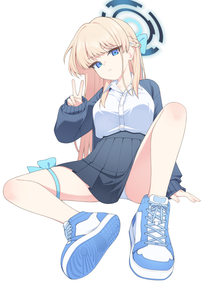 1girl absurdres black_cardigan black_skirt blonde_hair blue_archive blue_eyes blue_halo bow braid cardigan collared_shirt full_body hair_bow halo highres korean_commentary long_hair looking_at_viewer on_floor panties pantyshot pleated_skirt shirt shoes sitting skirt sneakers solo thigh_bow toki_(blue_archive) ugaaaa1 underwear v white_background white_panties white_shirt