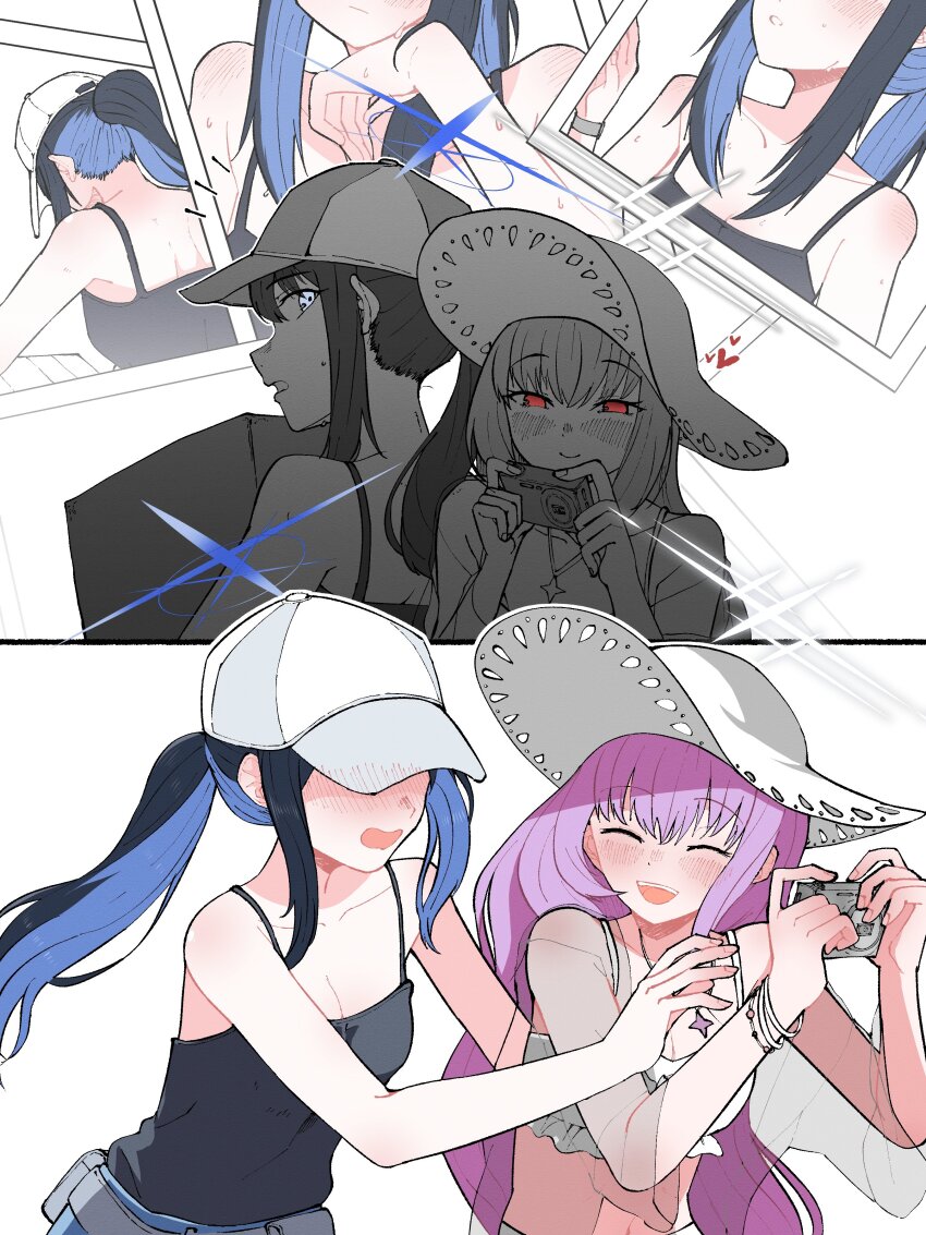 2girls absurdres arius_squad_(blue_archive) atsuko_(blue_archive) atsuko_(swimsuit)_(blue_archive) baseball_cap bikini blue_archive blue_eyes blue_hair camera colored_inner_hair denim denim_shorts frilled_bikini frills grey_halo halo hat highres implied_yuri manmaderain multicolored_hair multiple_girls official_alternate_costume photo_(object) purple_hair red_eyes saori_(blue_archive) saori_(swimsuit)_(blue_archive) see-through_clothes see-through_shirt see-through_sleeves shirt shorts sun_hat swimsuit white_bikini white_hat