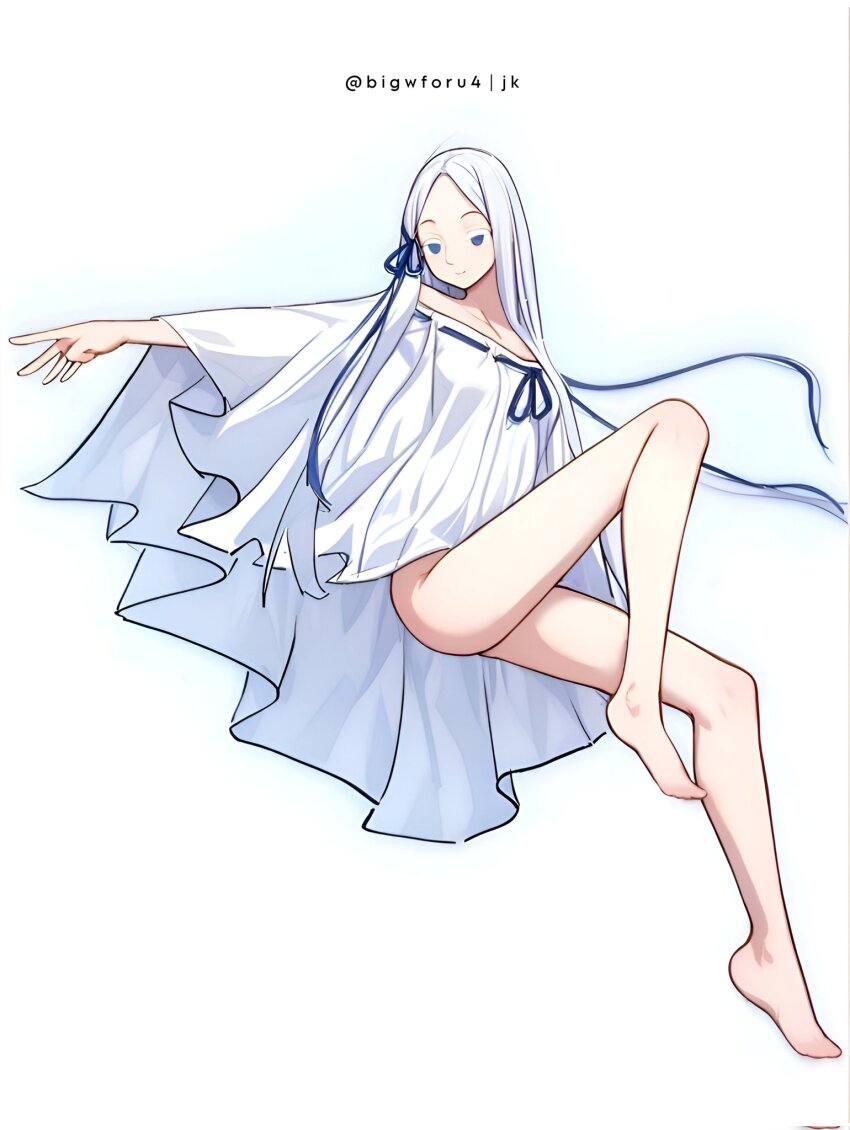 1girl bad_id bad_pixiv_id bare_shoulders barefoot bigwforu4 blue_eyes blue_ribbon colored_eyelashes grey_hair hair_ribbon highres long_hair looking_at_viewer naked_poncho off_shoulder pandora_(re:zero) poncho re:zero_kara_hajimeru_isekai_seikatsu ribbon simple_background smile solo white_poncho