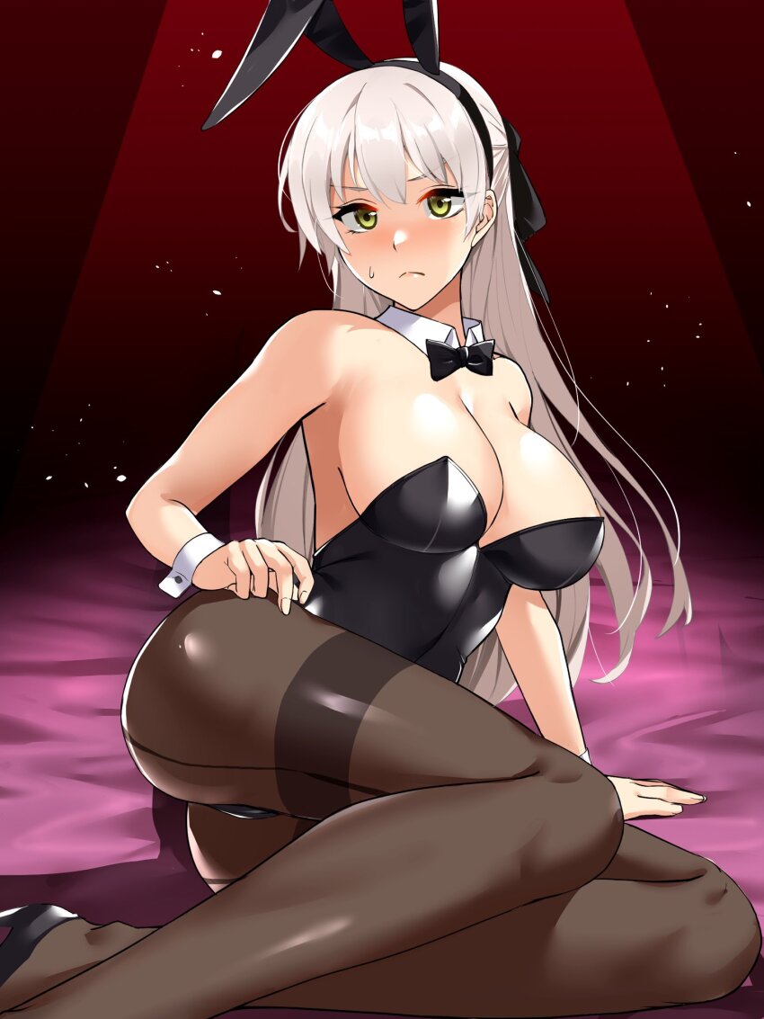 1girl animal_ear_hairband animal_ears black_bow black_bowtie black_leotard black_pantyhose black_shoes bow bowtie breasts detached_collar fake_animal_ears feet_out_of_frame green_eyes hairband high_heels highres large_breasts leotard long_hair mizuno_asami original pantyhose playboy_bunny rabbit_ears shoes sitting solo strapless strapless_leotard thighband_pantyhose white_hair wrist_cuffs yokozuwari