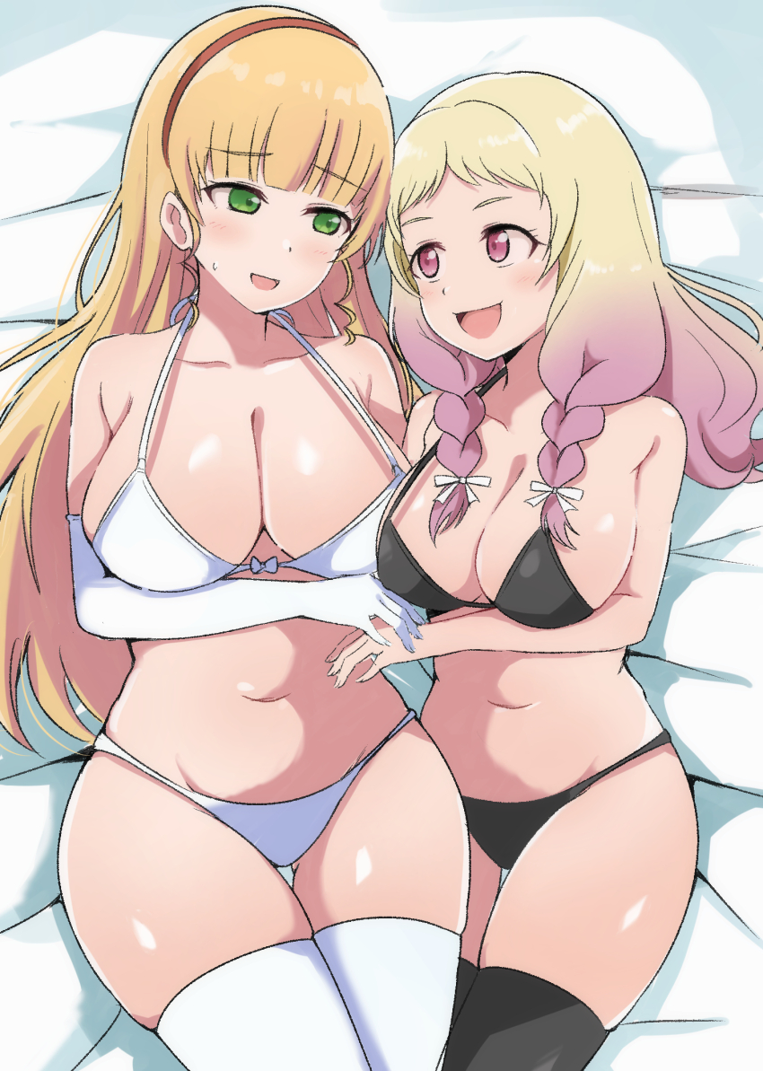2girls :d bikini black_bikini black_thighhighs blonde_hair blunt_bangs blush braided_sidelock breasts cleavage curvy elbow_gloves gloves gradient_hair green_eyes hairband heanna_sumire height_difference highres holding_hands large_breasts long_hair looking_at_another love_live! love_live!_superstar!! lying multicolored_hair multiple_girls navel on_back onitsuka_natsumi open_mouth orange_hairband pink_eyes pink_hair skindentation smile stomach strap_gap swimsuit thighhighs thighs very_long_hair wewe white_bikini white_gloves white_thighhighs yuri