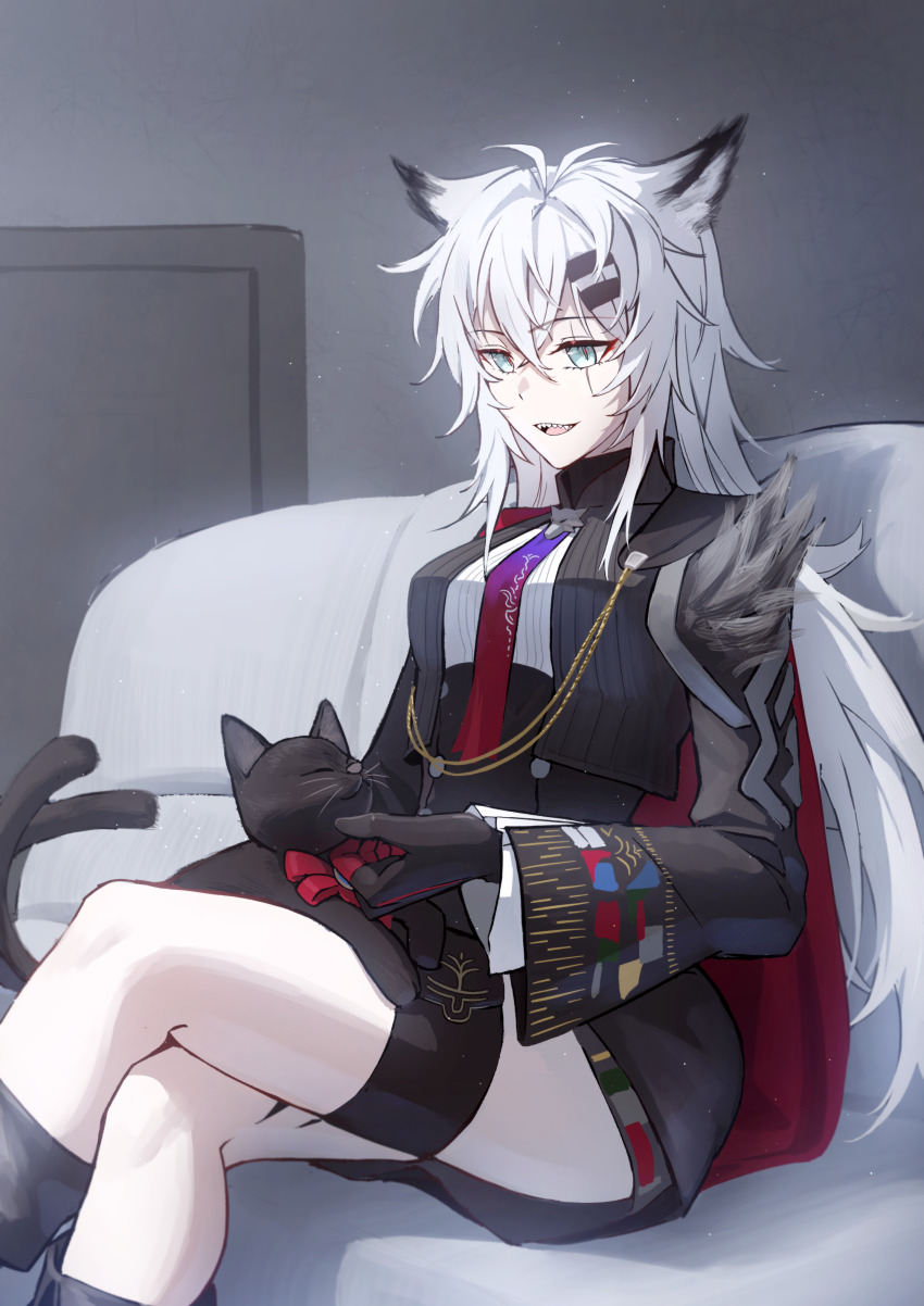 1girl absurdres aiguillette animal animal_ears aqua_eyes arknights black_cat black_gloves black_jacket bolo_tie cat crossed_legs dconan_owo feet_out_of_frame gloves hair_between_eyes hair_ornament hairclip highres indoors jacket lappland_(arknights) light_particles long_hair long_sleeves looking_at_animal miss_christine_(arknights) open_mouth petting scar scar_across_eye scar_on_face sharp_teeth sitting smile solo teeth upper_teeth_only white_hair wolf_ears wolf_girl
