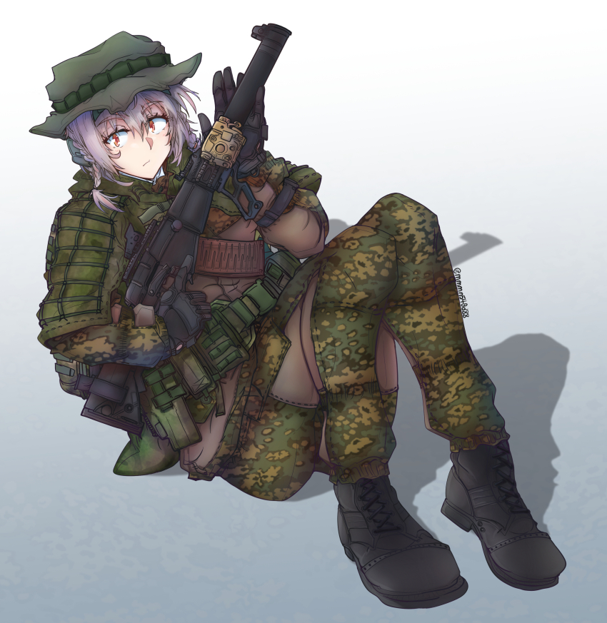 1girl absurdres ammunition_pouch artist_name as_val assault_rifle belt boots braided_pigtails camouflage camouflage_jacket camouflage_pants escape_from_tarkov gloves gun hat highres holding holding_gun holding_weapon jacket kalashnikov_rifle military military_hat military_uniform mmmn540d88 original pants pouch red_eyes rifle shadow silver_hair trigger_discipline two-tone_background weapon