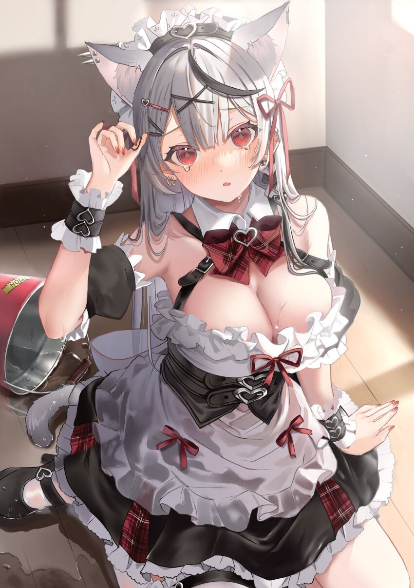 1girl alternate_costume animal_ear_fluff animal_ear_piercing animal_ears arm_support arm_up armpits bare_shoulders belt black_belt black_corset black_hair black_hairband black_sleeves blush bow bowtie breasts bucket bucket_spill cat_ears chest_belt cleavage collar commentary corner corset detached_collar detached_sleeves dress enmaided frilled_dress frilled_wristband frills from_above frown grey_hair hair_ribbon hairband hamu_(plot_sy) highres hololive indoors kemonomimi_mode large_breasts light_particles long_hair looking_at_viewer maid maid_headdress multicolored_hair nail_polish open_mouth plaid_bow plaid_bowtie plaid_clothes puffy_sleeves red_bow red_bowtie red_eyes red_nails red_ribbon ribbon sakamata_chloe sleeveless sleeveless_dress solo spill spilling streaked_hair symbol-only_commentary tearing_up two-tone_hair upper_body virtual_youtuber white_collar white_dress white_headdress