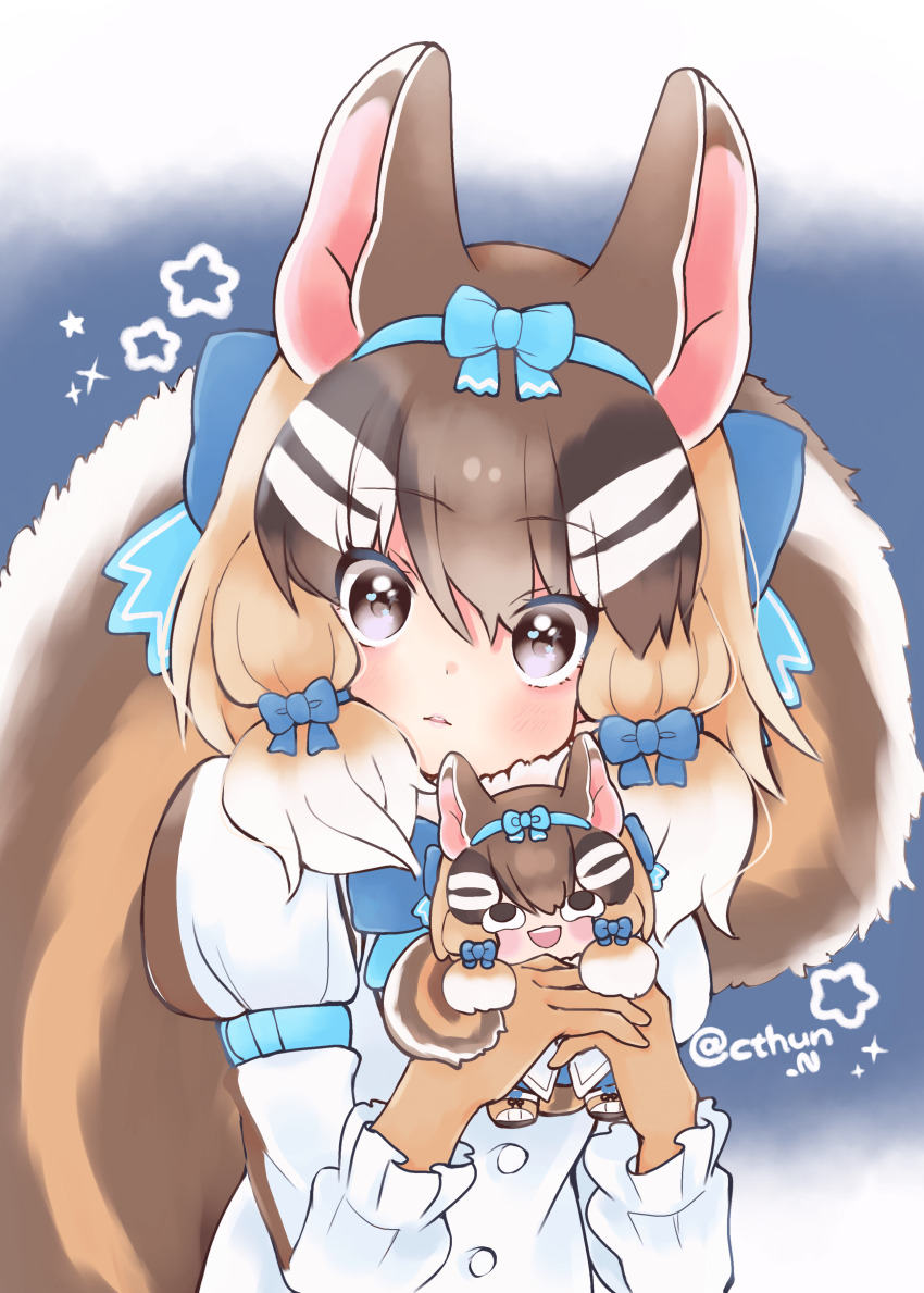 1girl absurdres animal_ears blue_background brown_eyes brown_hair chipmunk_ears chipmunk_girl chipmunk_tail cthun_n extra_ears gloves highres kemono_friends kemono_friends_v_project looking_at_viewer ribbon shirt short_hair siberian_chipmunk_(kemono_friends) simple_background solo stuffed_toy tail vest virtual_youtuber