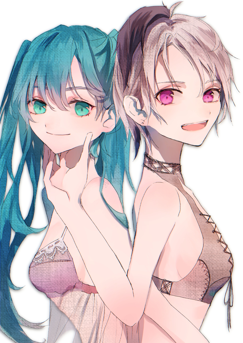 2girls absurdres aqua_eyes aqua_hair back-to-back bikini bikini_top_only black_bikini closed_mouth flower_(vocaloid) flower_(vocaloid4) hand_on_another&#039;s_chin hand_up hatsune_miku highres holding huge_filesize karanagare lace_bikini long_hair looking_at_viewer multicolored_hair multiple_girls open_mouth pink_bikini purple_eyes purple_hair short_hair smile streaked_hair swimsuit twintails upper_body vocaloid white_hair