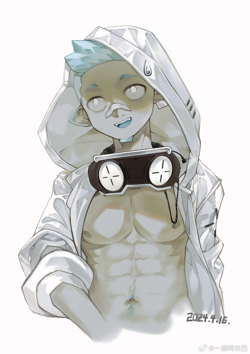 1boy abs arknights bandaid bandaid_on_face bandaid_on_nose blue_hair chinese_commentary commentary_request dated ethan_(arknights) facial_hair goatee goggles goggles_around_neck highres hood hood_up hooded_jacket jacket male_focus muscular muscular_male navel nipples nude open_mouth pectorals pointy_ears smile sweatdrop watermark weibo_watermark white_background white_jacket yi_tan_a_mi_ba