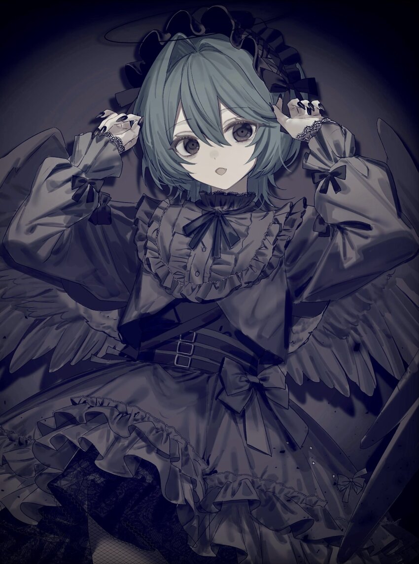 1girl black_eyes black_hairband black_nails blue_hair character_request collar copyright_request cowboy_shot cropped_shirt fingernails frilled_collar frilled_hairband frilled_skirt frills grey_collar grey_shirt grey_skirt grey_wings hair_between_eyes hairband hands_up highres hinomiya_shiyou_(ly05yy) long_sleeves shirt short_hair skirt solo wings