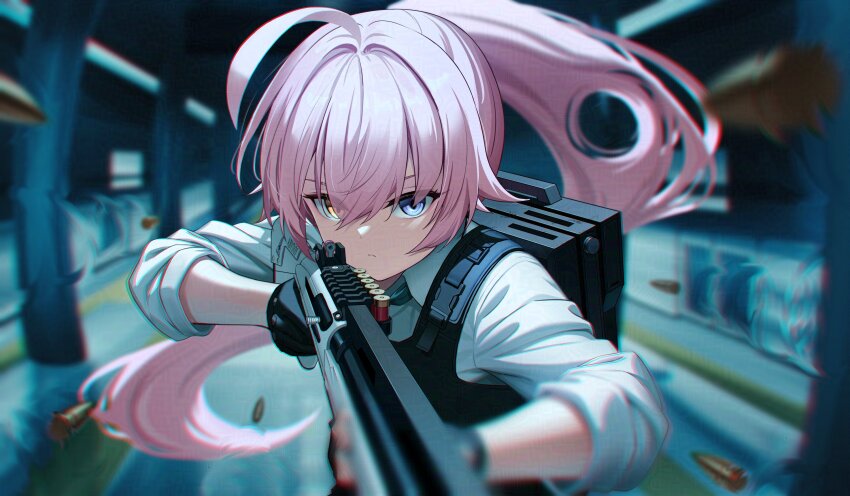 1girl ahoge black_gloves blue_archive blue_eyes blurry bullet bulletproof_vest depth_of_field gloves gun hair_between_eyes heterochromia highres holding hoshino_(armed)_(blue_archive) hoshino_(blue_archive) long_hair necktie pink_hair ponytail school_uniform shirt sion_(9117) skirt solo tactical_school_uniform weapon white_shirt yellow_eyes