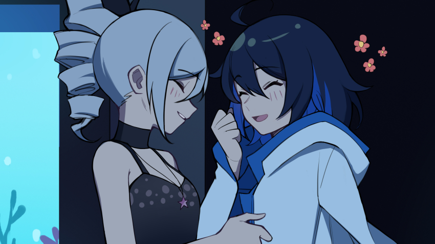 2girls aquarium bare_shoulders belly black_hair black_shirt blue_eyes blue_hair blush breasts bronya_zaychik cleavage closed_mouth coral dress drill_hair flower grey_eyes grey_hair hair_between_eyes halo highres honkai_(series) honkai_impact_3rd jacket jewelry kelp multicolored_hair multiple_girls open_clothes open_jacket open_mouth pendant seele_vollerei shirt small_breasts smile two-tone_hair white_jacket yukizawa_xueze yuri