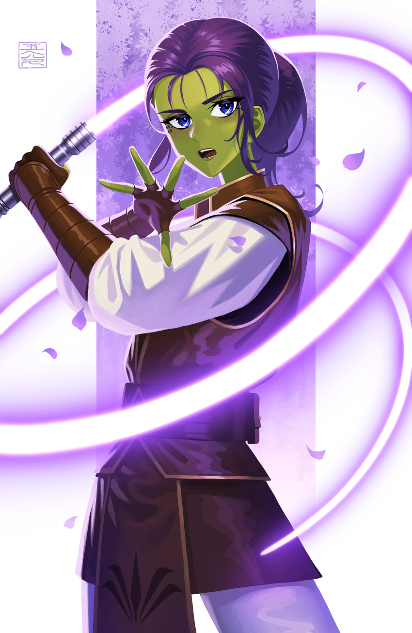 1girl 5health absurdres alien blue_eyes brown_gloves brown_tunic colored_skin energy_sword fingerless_gloves gloves green_skin highres holding holding_sword holding_weapon lightsaber lightwhip looking_at_viewer mirialan open_mouth pants ponytail purple_hair purple_lightsaber purple_petals shirt solo star_wars star_wars:_the_high_republic sword tunic weapon white_pants white_shirt