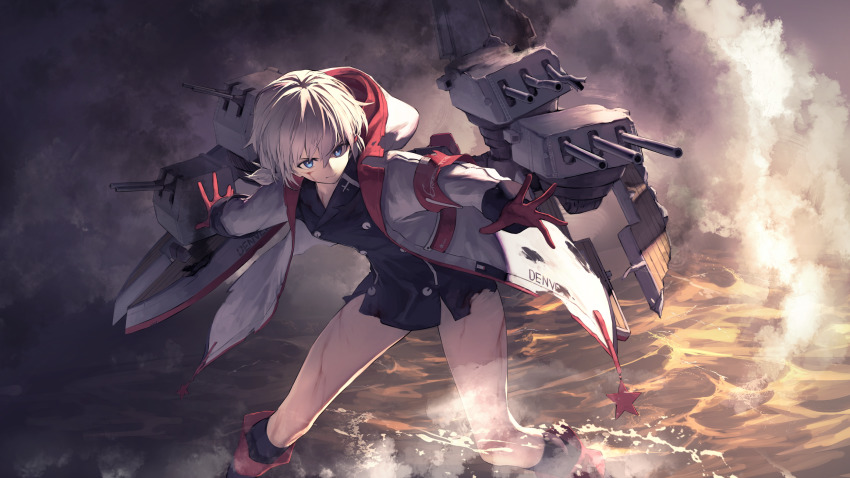 1girl azur_lane blue_eyes buttons closed_mouth commentary_request commission denver_(azur_lane) double-breasted dress gloves grey_hair hair_between_eyes hair_ornament hairclip highres hood hooded_jacket injury itaco jacket long_sleeves low_twintails open_clothes open_jacket pencil_dress red_gloves rigging scratches short_dress short_hair short_twintails sidelocks skeb_commission solo standing torn_clothes twintails water white_jacket