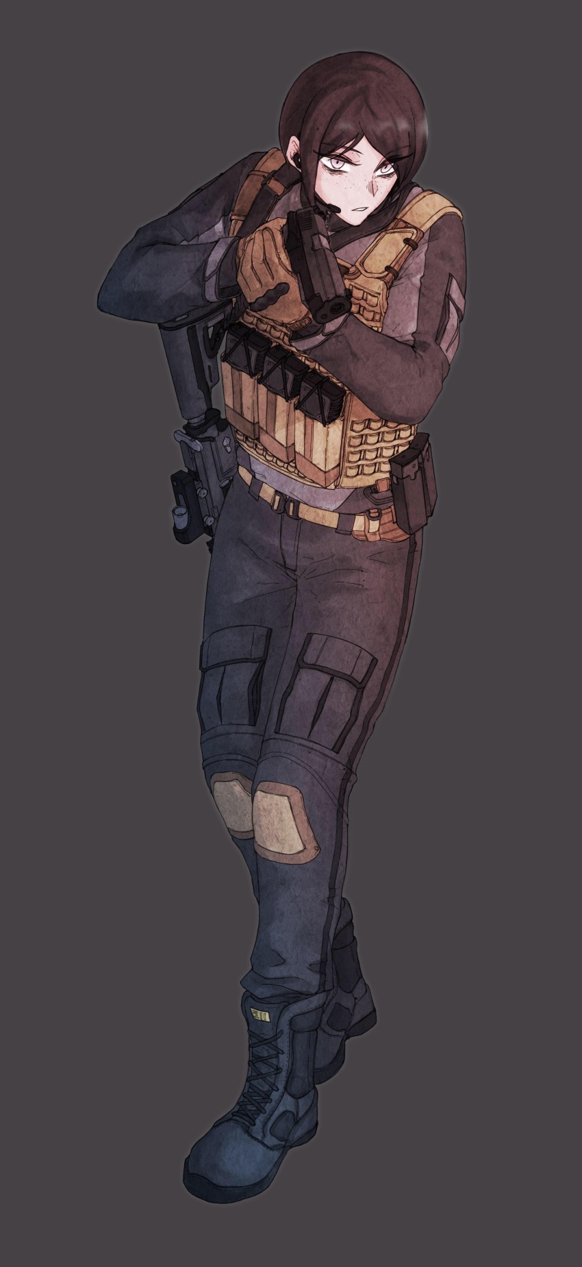 1girl absurdres assault_rifle black_boots black_coat black_hair black_jacket black_legwear boots brown_gloves brown_vest bulletproof_vest cargo_pants close-quarters_combat coat combat_boots combat_knife combat_vest danganronpa:_trigger_happy_havoc danganronpa_(series) danganronpa_3_(anime) ears female_focus fighting_stance freckles full_body gloves grey_background grey_eyes gun gun_over_shoulder handgun highres holding holding_gun holding_knife holding_weapon ikusaba_mukuro jacket knife knife_sheath looking_at_viewer medium_hair military military_jacket military_pants military_vest military_weapon open_mouth over_shoulder pants parted_bangs pistol pocket pouch rifle scope sheath simple_background solo standing tactical_clothes tactical_vest teeth tomboy two-handed_handgun_grip uniform_vest vest weapon weapon_over_shoulder weapon_request
