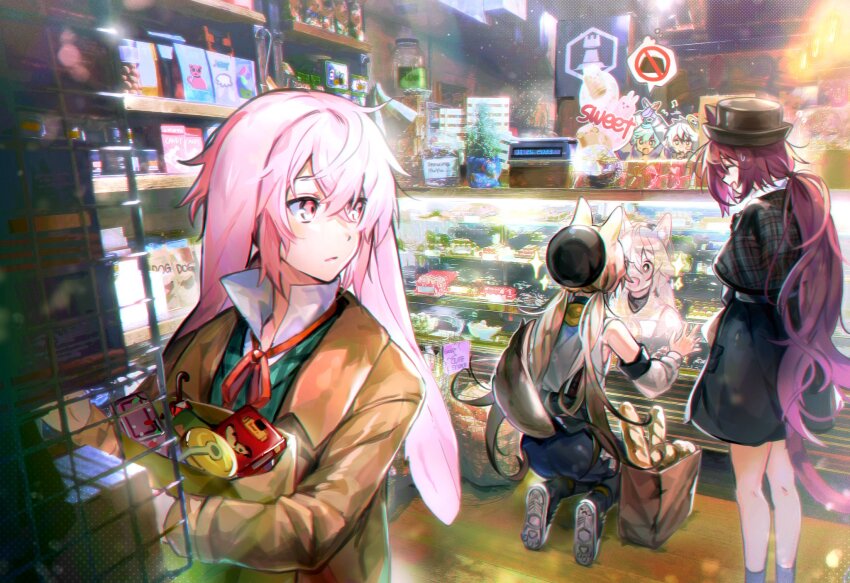 2girls 3boys adnachiel_(arknights) animal_ears ansel_(arknights) arknights arms_behind_back artist_name bag baguette bare_legs beret black_headwear black_skirt blonde_hair blue_hair bowler_hat bread brown_jacket cardigan_(arknights) cardigan_(sunny_day)_(arknights) cash_register cat_ears cat_girl cat_tail collared_shirt commentary dog_ears english_text feet_out_of_frame food full_body green_vest halo hat highres holding holding_bag ice_cream indoors jacket jar long_hair lop_rabbit_ears melantha_(arknights) melantha_(letters_from_wessex)_(arknights) multiple_boys multiple_girls pink_eyes pink_hair plaid_clothes plaid_vest pocky purple_hair rabbit_ears shelf shirt shopping_bag short_hair skirt sparkling_eyes speech_bubble squatting steward_(arknights) tail tin_(container) upper_body vest wed_(lim38869577) white_shirt