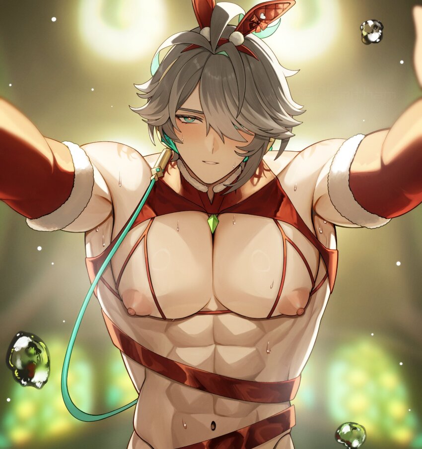 1boy alhaitham_(genshin_impact) alpaitham animal_ears christmas detached_sleeves fake_animal_ears genshin_impact green_eyes grey_hair hair_over_one_eye highres looking_at_viewer male_focus nipples pectorals puffy_chest revealing_clothes solo sweat