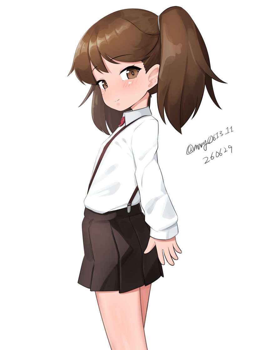 1girl absurdres brown_eyes brown_hair brown_skirt collared_shirt dated dress_shirt flat_chest from_behind highres kantai_collection long_hair looking_at_viewer looking_back magatama maru_(marg0613) one-hour_drawing_challenge pleated_skirt ryuujou_(kancolle) shirt skirt solo suspenders twintails twitter_username white_shirt