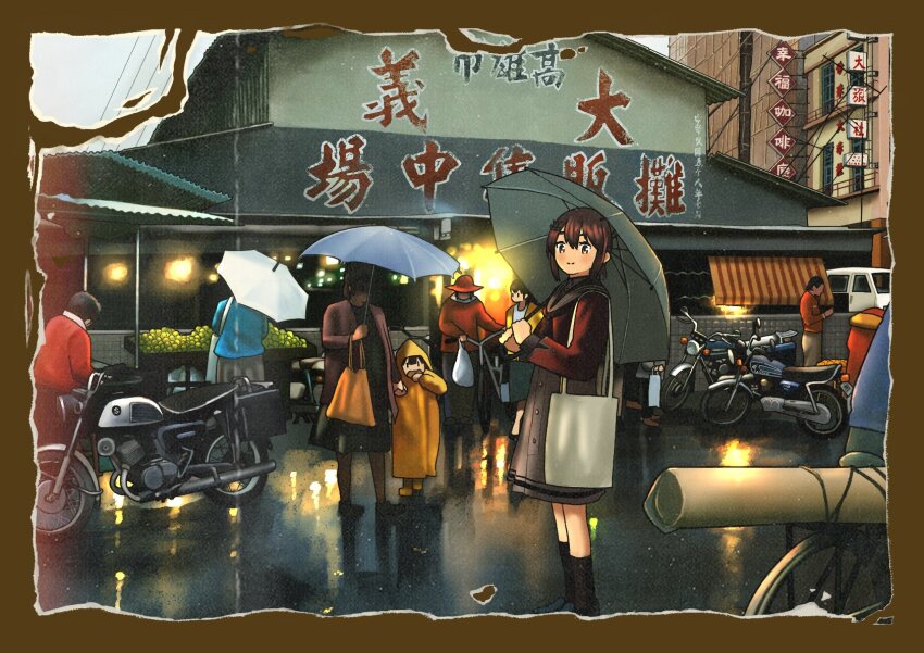 1girl 6+others bag bicycle brown_eyes brown_hair brown_neckerchief building commentary_request dress grey_dress grey_sailor_collar highres kantai_collection motor_vehicle motorcycle multiple_others neckerchief photo_(object) red_shirt sailor_collar sailor_dress shirt short_hair standing taiwan tan_yang_(kancolle) timmyyen translation_request umbrella yukikaze_(kancolle)