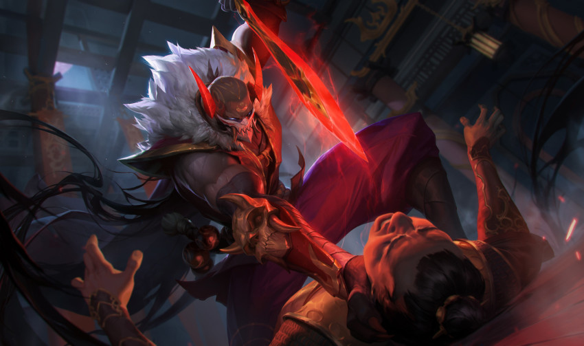 2boys alternate_costume aura baggy_pants bald biceps blood_moon_pyke blurry blurry_background coat coat_lift covered_mouth dark-skinned_male dark_skin feet_out_of_frame fighting gauntlets glowing glowing_eyes glowing_weapon highres horns knife league_of_legends looking_at_another male_focus manly mask mature_male moonlight multiple_boys muscular muscular_arms muscular_male night official_art pants pyke_(league_of_legends) shoulder_pads viktortitov weapon wood
