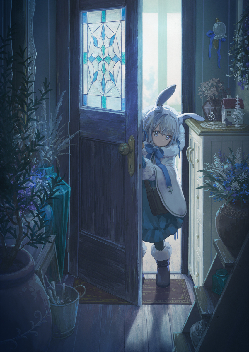 1girl animal_ear_fluff animal_ears aqua_gloves aqua_skirt bag black_thighhighs blue_flower blue_ribbon boots braid bucket cabinet cape carpet closed_mouth cross_ornament door dried_flower flower flower_pot fur-trimmed_boots fur-trimmed_jacket fur-trimmed_sleeves fur_trim gloves grey_eyes grey_hair hair_ribbon highres hirose_yuki indoors jacket light_bulb long_sleeves miniature multicolored_eyes open_door original painting_(medium) pottery purple_eyes purple_flower rabbit_ears ribbon shelf shoulder_bag skirt smile solo stained_glass stick thighhighs traditional_media tree vase white_cape white_flower wooden_floor