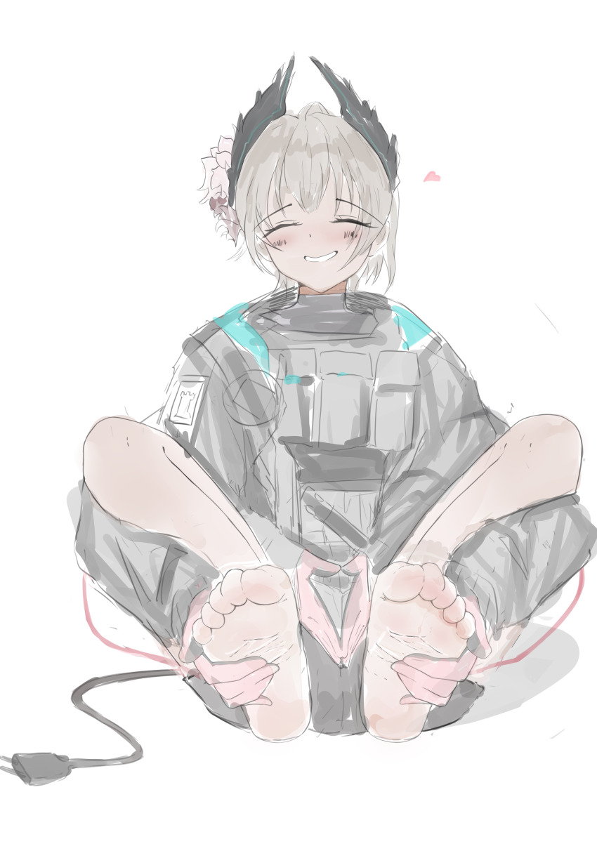 1girl absurdres arknights barefoot blush closed_eyes dark-skinned_female dark_skin deppy extra_arms feet grey_hair highres looking_at_viewer medium_hair parted_lips raidian_(arknights) smile soles toes