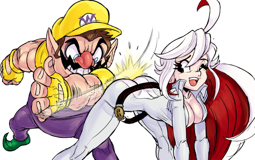 1boy 1girl all_fours ass belt bent_over bodysuit breasts cleavage facial_hair fingerless_gloves gloves guilty_gear halo hat highres jack-o&#039;_valentine jumpsuit large_breasts latex latex_bodysuit long_hair multicolored_hair muscular muscular_male mustache nintendo one_eye_closed pointed_footwear pointy_ears red_eyes spanked spanking suspenders teevo two-tone_hair wario warioware white_hair