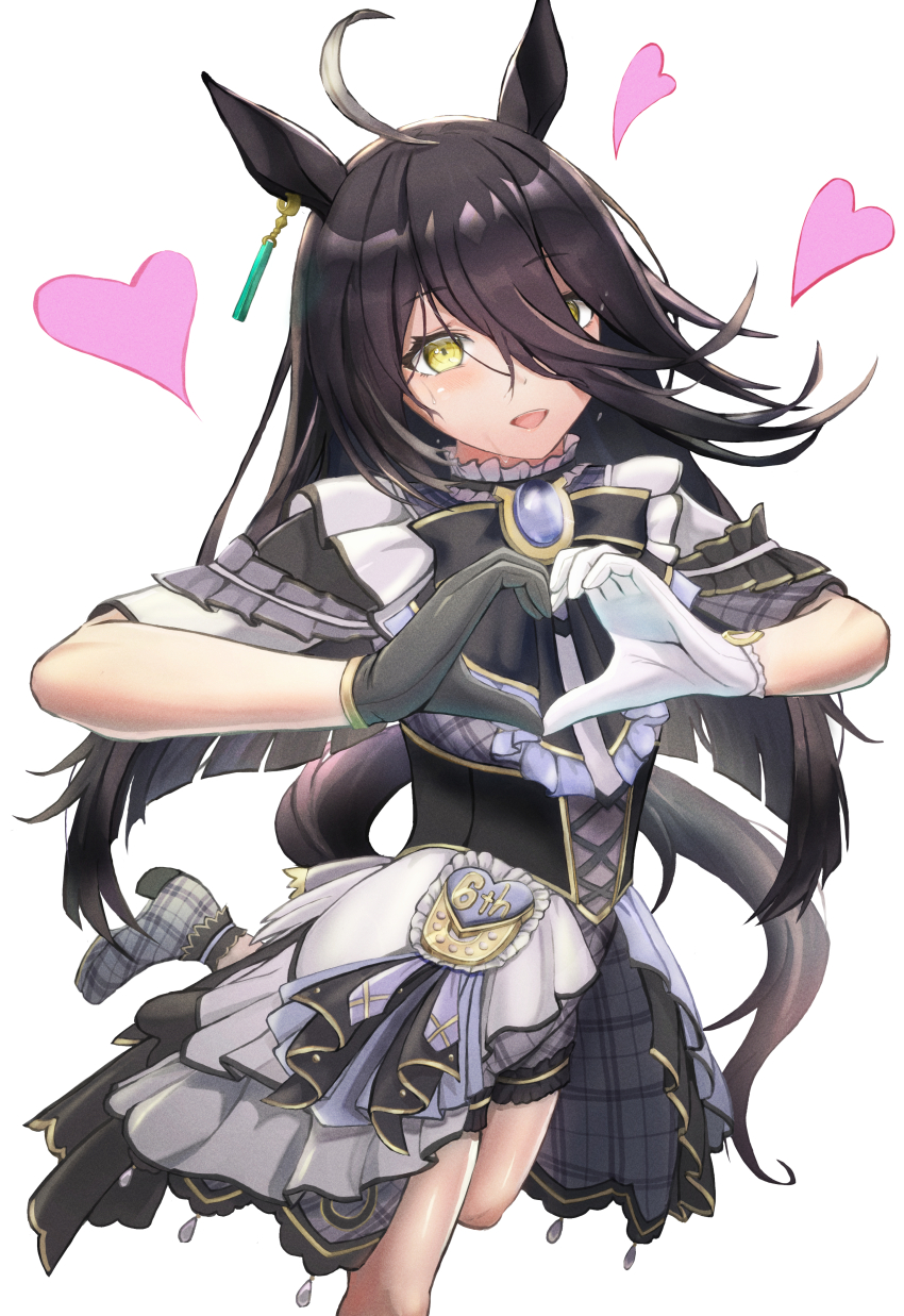 1girl absurdres ahoge animal_ears black_bow black_bowtie black_corset black_gloves bow bowtie corset dress ear_tag earrings frilled_dress frills gloves grey_hair grey_shoes hair_between_eyes hands_up heart high_heels highres holding_hands horse_ears horse_girl jewelry layered_dress long_bangs long_hair long_hair_between_eyes manhattan_cafe_(umamusume) masasan multicolored_hair open_mouth shoes simple_background single_earring smile solo umamusume very_long_hair white_background white_dress white_gloves yellow_eyes