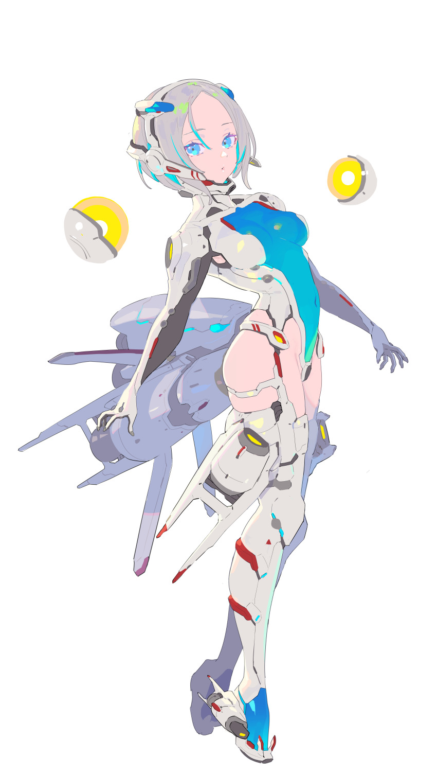 1girl absurdres armor blue_eyes blue_leotard bob_cut boots breasts closed_mouth covered_navel enkyo_yuuichirou full_body grey_hair hairband highleg highleg_leotard highres jet_engine leotard looking_at_viewer mecha_musume medium_breasts medium_hair r-type r-90_ragnarok simple_background solo standing thigh_boots white_background
