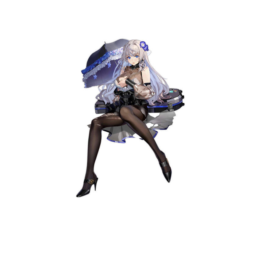 1girl black_dress black_footwear black_pantyhose black_umbrella blue_eyes breasts covering_privates covering_breasts dress flower fx-05_(girls&#039;_frontline) fx-05_(she_walks_in_the_rain)_(girls&#039;_frontline) girls&#039;_frontline grey_hair hair_flower hair_ornament high_heels highres large_breasts long_hair looking_at_viewer miyazakisoul official_art open_mouth pantyhose sitting solo torn_clothes torn_dress torn_pantyhose transparent_background umbrella weapon_case