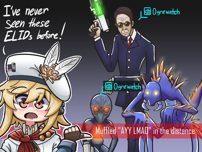 1boy alien beret blonde_hair blue_jacket blue_pants brown_eyes brown_gloves brown_hair chryssalid closed_mouth commentary english_commentary english_text finger_on_trigger girls&#039;_frontline girls&#039;_frontline_2:_exilium glasses gloves gun hand_up hat hat_feather holding holding_gun holding_weapon jacket long_sleeves medium_hair nagant_(girls&#039;_frontline_2) nagant_revolver_(girls&#039;_frontline) necktie open_mouth pants red_necktie sectoid serjatronic shirt weapon white_shirt x-com