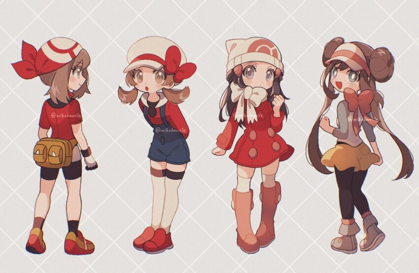 4girls bandana beanie bike_shorts black_hair black_pantyhose blue_eyes blue_overalls blush boots bow breasts brown_eyes brown_hair cabbie_hat coat creatures_(company) dawn_(pokemon) donut_hair_bun double_bun fanny_pack game_freak gloves hair_bun hair_ornament hairband hairclip hat hat_bow highres knee_boots long_hair looking_at_viewer lyra_(pokemon) may_(pokemon) mikakami1e multiple_girls nintendo open_mouth overalls pantyhose pantyhose_under_shorts pink_boots pokemon pokemon_bw2 pokemon_dppt pokemon_hgss pokemon_rse raglan_sleeves red_bandana red_coat red_shirt ribbon rosa_(pokemon) scarf shirt short_hair shorts shorts_under_shorts smile thighhighs twintails visor_cap white_hat yellow_shorts