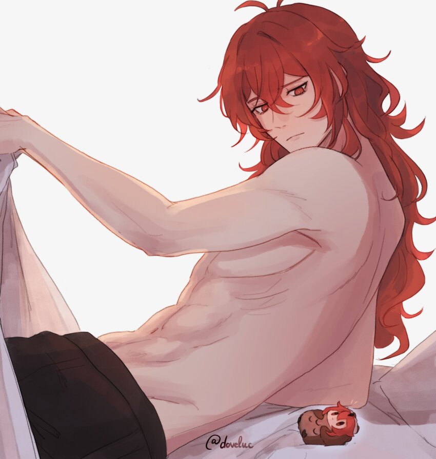 1boy bed black_pants blanket closed_mouth diluc_(genshin_impact) doveluc genshin_impact hair_between_eyes highres long_hair male_focus pants red_eyes red_hair solo stuffed_animal stuffed_bird stuffed_owl stuffed_toy topless_male