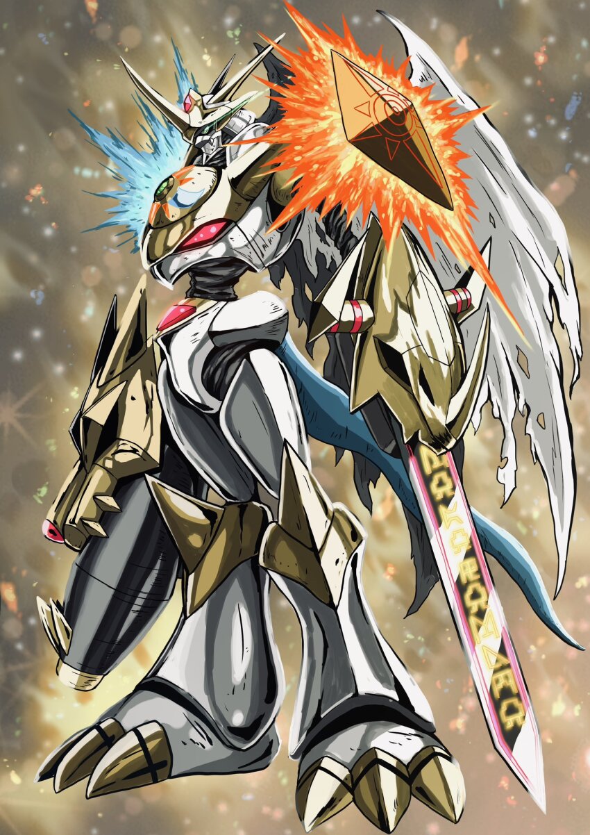 cannon digimon digimon_(creature) fusion highres imperialdramon imperialdramon_fighter_mode omegamon oridigi original solo sutunununu sword weapon