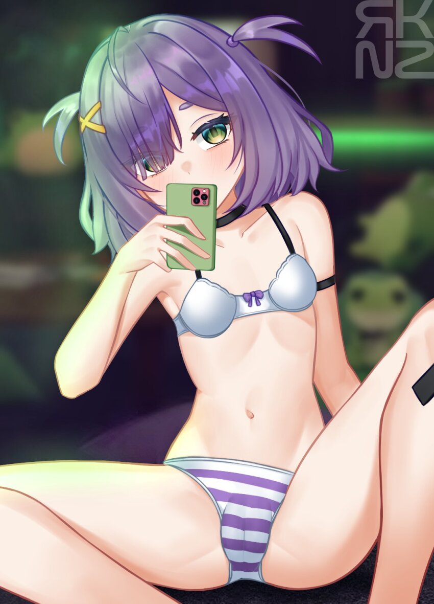 1girl blurry blurry_background blush blush_stickers bow bra breasts commission eien_project eyes_visible_through_hair frog green_eyes highres knee_up knees_up looking_at_viewer panties purple_hair purple_panties ribbon rikokenz short_hair simple_background small_breasts striped_clothes striped_panties thighs underwear underwear_only virtual_youtuber watermark white_bra white_panties zumi_dokumi