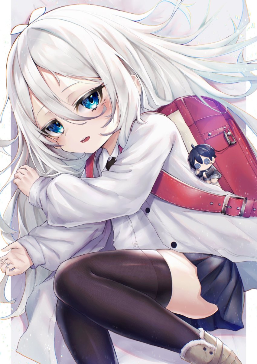 1girl antenna_hair backpack bag black_thighhighs blouse blue_eyes blue_skirt blush character_doll collared_shirt doll hair_between_eyes highres hinamayo kokkoro_(princess_connect!) kokkoro_(real)_(princess_connect!) long_hair long_sleeves looking_at_viewer lying on_side open_mouth pleated_skirt princess_connect! randoseru shirt skirt solo thighhighs very_long_hair white_hair white_shirt zettai_ryouiki