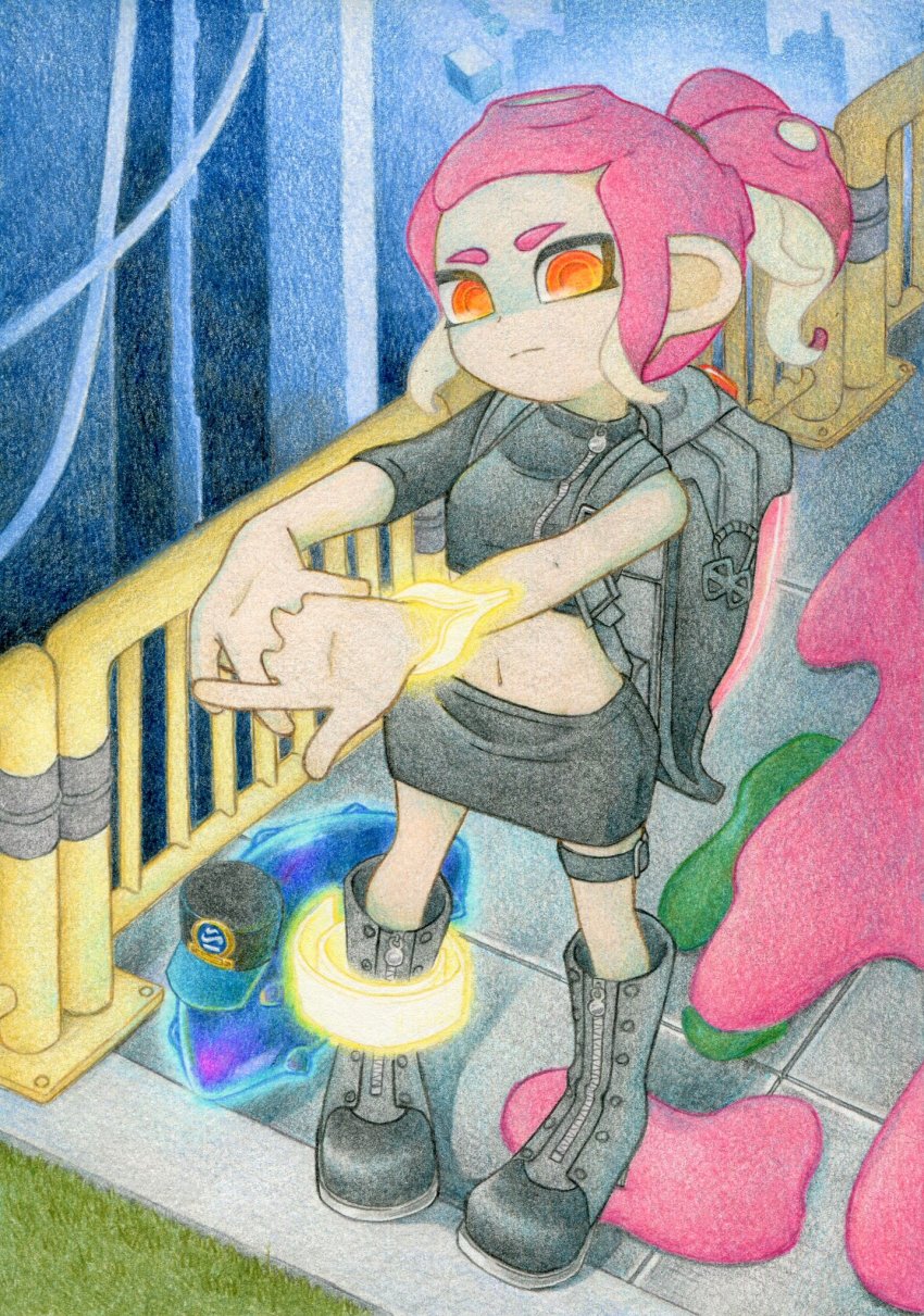 1girl agent_8_(splatoon) anklet backpack bad_id bad_pixiv_id bag black_footwear black_headwear black_shirt black_skirt boots bracelet breasts c.q._cumber_(splatoon) closed_mouth cracking_knuckles crop_top female_focus fence glowing grass hair_tie hat head_tilt highres ink interlocked_fingers jewelry legs_apart midriff miniskirt navel nintendo octoling octoling_girl octoling_player_character orange_eyes outstretched_arms own_hands_together pencil_skirt pigeon-toed pink_hair ponytail shirt short_hair short_sleeves sidelocks single_sleeve sirokoucha skirt small_breasts solo_focus splatoon_(series) splatoon_2 splatoon_2:_octo_expansion splatter stomach stretching suction_cups tentacle_hair tentacles thigh_strap traditional_media wide_hips zipper zipper_pull_tab