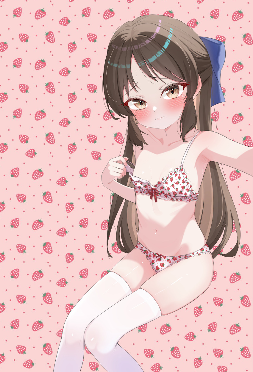 1girl absurdres blush bow bra brown_hair fella_(vpffk0731) food_print fruit_print highres idolmaster idolmaster_cinderella_girls loli long_hair panties print_panties solo strawberry_panties strawberry_print tachibana_arisu thighhighs underwear white_thighhighs