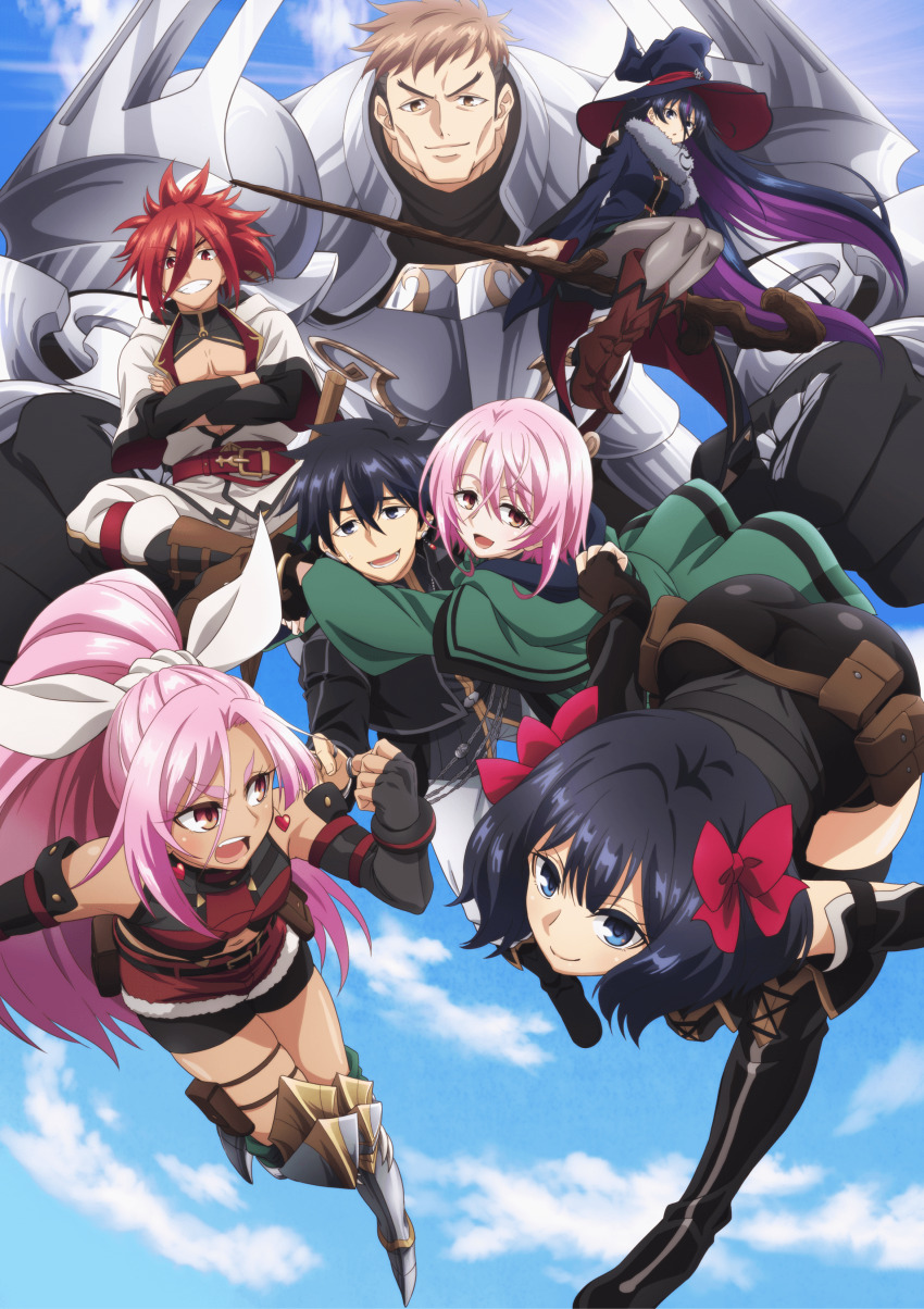 3boys 4girls absurdres ass belted_dress black_gloves black_hair black_jacket black_pants black_pantyhose black_shirt black_sleeves black_socks blue_eyes blue_sky blush boots character_request closed_mouth crossed_legs desk desk_lamp dress forehead gloves green_jacket grey_eyes hair_ribbon hat highres hug huge_ass jacket jewelry jumping krai_andrey lamp light_brown_hair liz_smart long_hair long_sleeves looking_at_another looking_at_viewer lucia_rogier luke_sykol mage_staff medium_hair messy_hair multiple_boys multiple_girls nageki_no_bourei_wa_intaishitai official_art pants pantyhose pink_eyes pink_hair pocket_watch ponytail red_ribbon red_shorts ribbon ring serious shirt short_shorts shorts sitri_smart sky sleeveless smile socks staff thigh_boots thighhighs tino_shade very_long_hair watch white_dress white_pants white_ribbon wide_hips window witch_hat