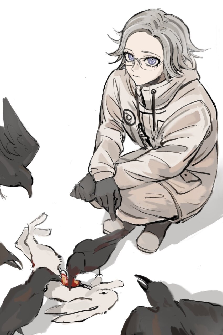 1boy aotsuki_eito bird black_gloves blue_eyes closed_mouth corpse crouching crow dead_animal drawstring eyelashes glasses gloves highres looking_at_viewer male_focus parted_hair rabbit solo solo_focus the_hundred_line_-last_defense_academy- white_hair