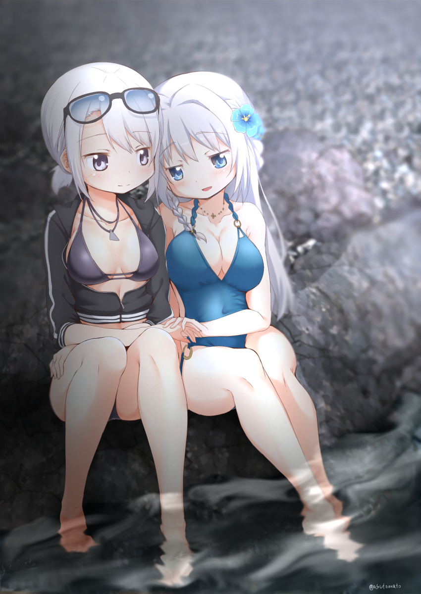 2girls abutomato bikini black_bikini black_shirt blue_eyes blurry blurry_background braid breasts cleavage collarbone commentary_request covered_navel eyewear_on_head flower grey_eyes hair_flower hair_ornament highres holding_hands izumi_kanagi izumi_kanagi_(swimsuit_costume) jewelry large_breasts long_hair magia_record:_mahou_shoujo_madoka_magica_gaiden mahou_shoujo_madoka_magica multiple_girls necklace one-piece_swimsuit open_clothes open_shirt shirt short_hair silver_hair sitting smile sunglasses swimsuit twitter_username water watermark yakumo_mitama yakumo_mitama_(swimsuit_costume) yuri