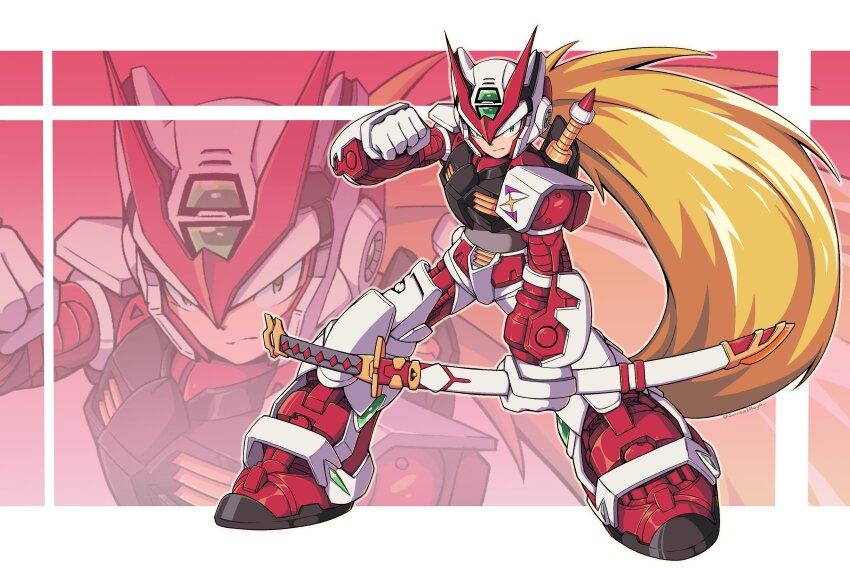 1boy absurdres blonde_hair blue_eyes commentary cosplay forehead_jewel full_body gundam gundam_astray_red_frame gundam_astray_red_frame_(cosplay) helmet highres holding holding_sword holding_weapon katana long_hair mega_man_(series) mega_man_x_(series) red_helmet solo_focus surrealmason sword weapon white_helmet zero_(mega_man)