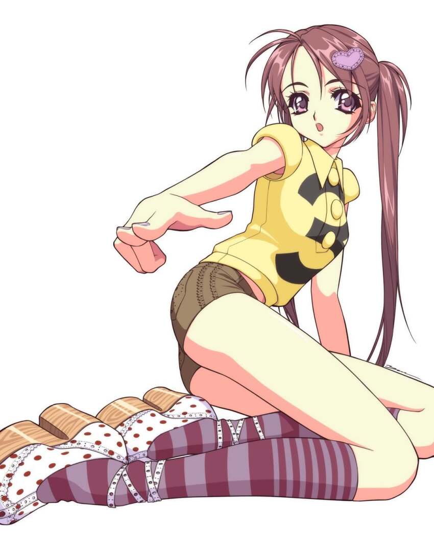 1990s_(style) 1girl :o brown_hair brown_shorts buttons collared_shirt hair_ornament heart heart_hair_ornament high_heels highres kneehighs long_hair looking_at_viewer nail_polish original parted_bangs pink_eyes platform_heels platform_shoes pointing pointing_at_viewer polka_dot puffy_short_sleeves puffy_sleeves retro_artstyle shirt short_shorts short_sleeves shorts simple_background sitting socks solo striped_clothes striped_socks white_background yellow_shirt yue_(yung_n_dum_)