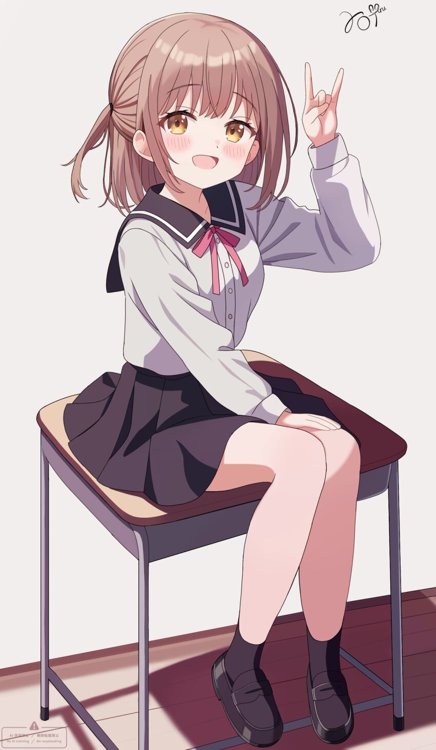 1girl :d \n/ black_sailor_collar black_shoes black_skirt black_socks blush brown_hair commentary desk full_body hand_up highres loafers long_sleeves looking_at_viewer medium_hair neck_ribbon on_desk one_side_up open_mouth original pleated_skirt red_ribbon ribbon sailor_collar school_uniform serafuku shirt shoes sidelocks signature simple_background sitting skirt smile socks solo uru_aoi23 watermark white_background white_shirt yellow_eyes